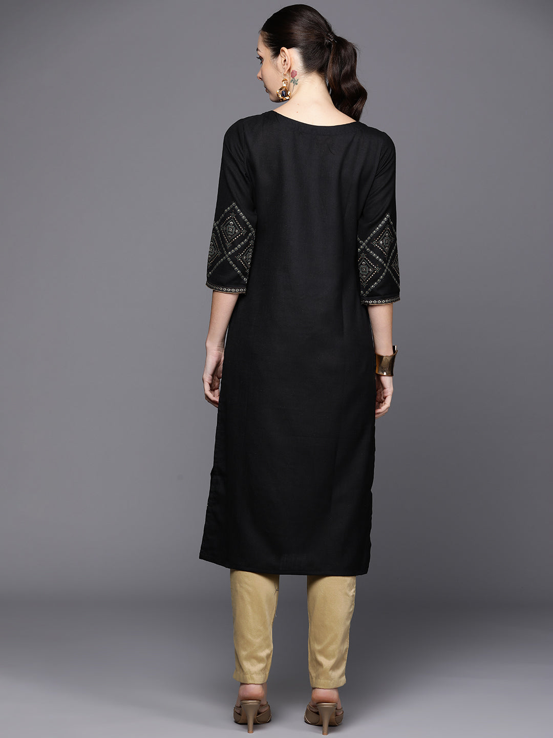 Indo Era Black Ethnic Motifs Foil Printed Straight Kurta