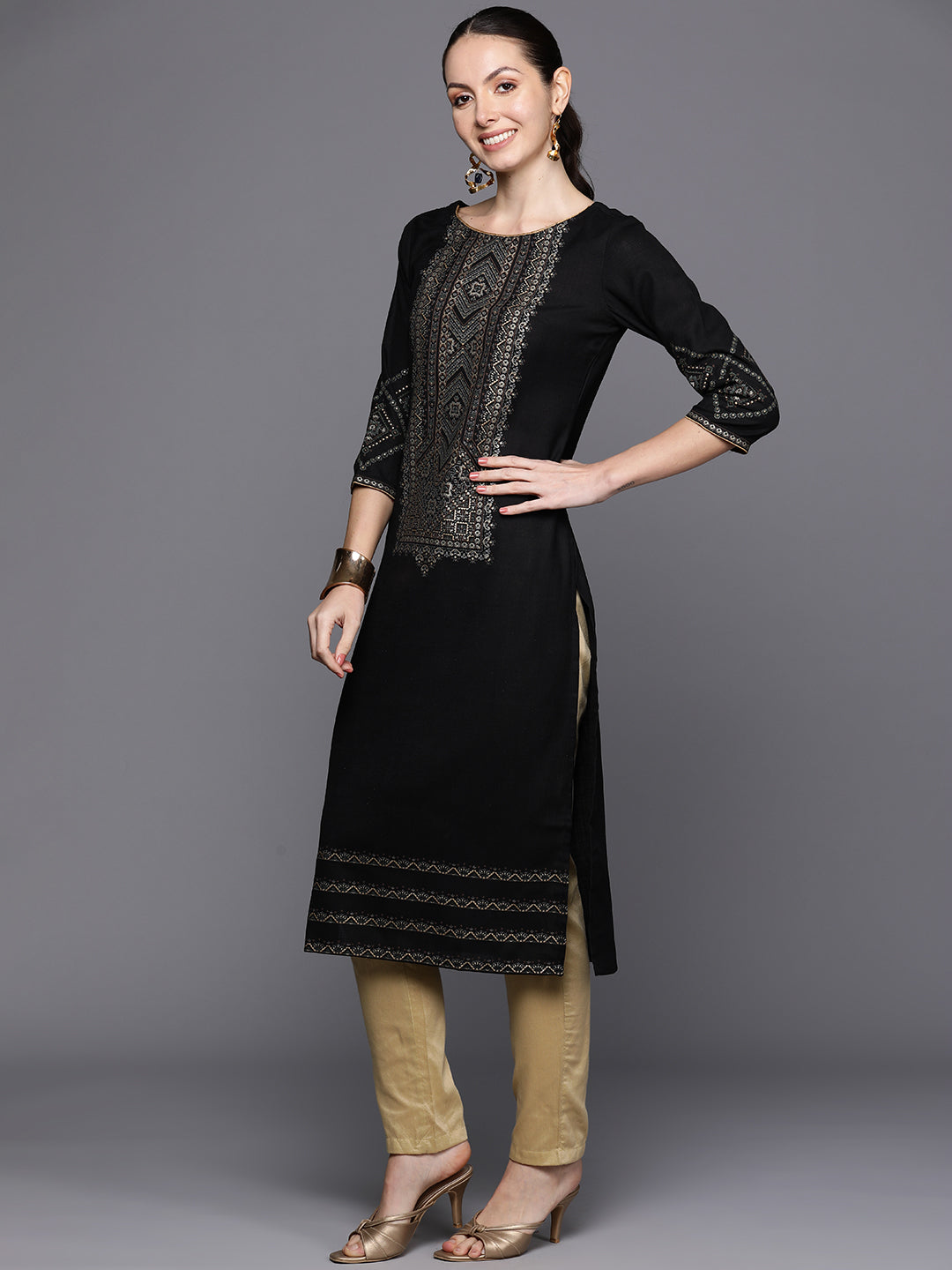Indo Era Black Ethnic Motifs Foil Printed Straight Kurta
