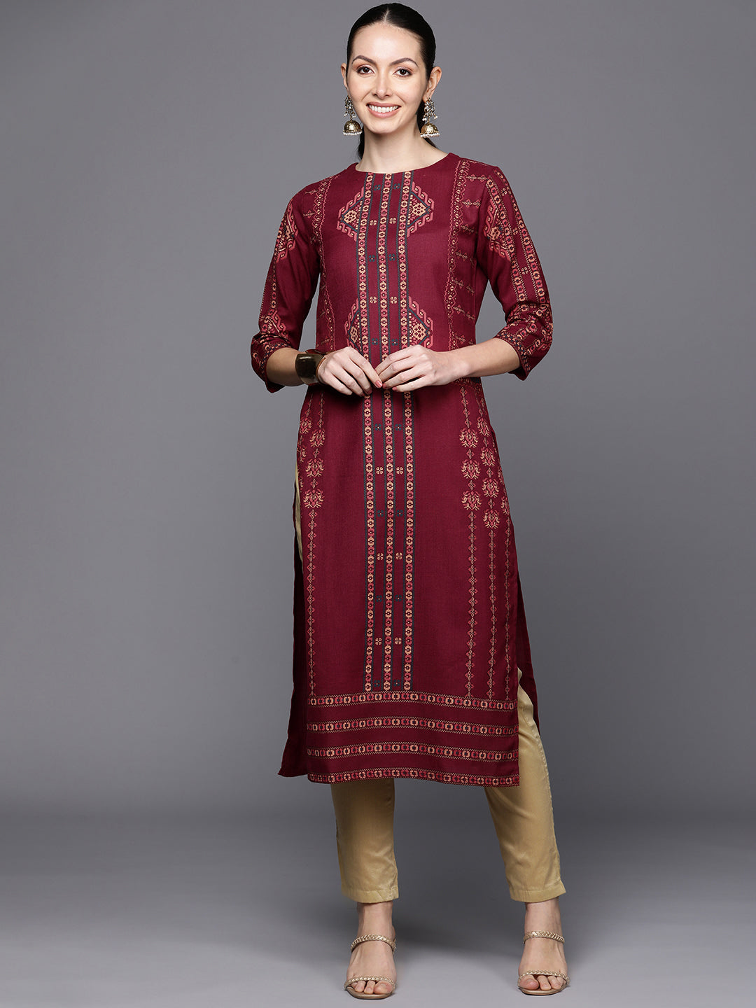 Maroon Ethnic Motifs Foil Printed Straight Kurta