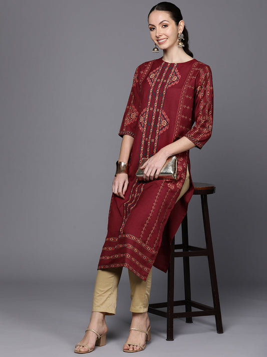 Maroon Ethnic Motifs Foil Printed Straight Kurta