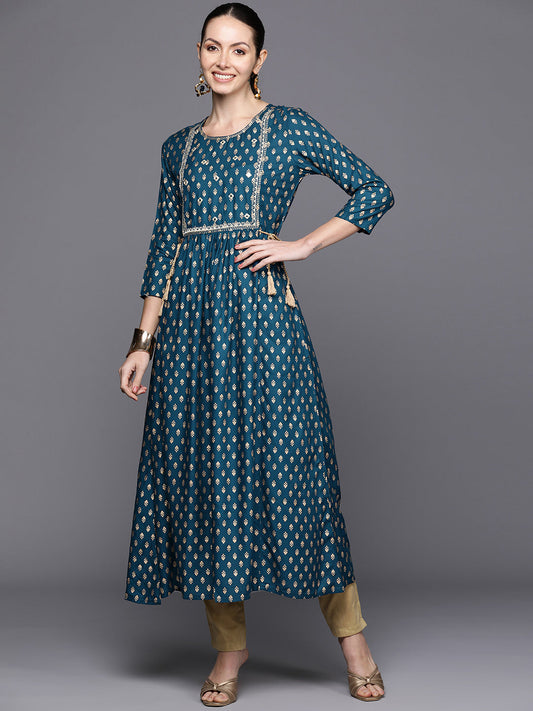 Blue Ethnic Motifs Printed Mirror Work & Tie-Up Detail A-Line Kurta