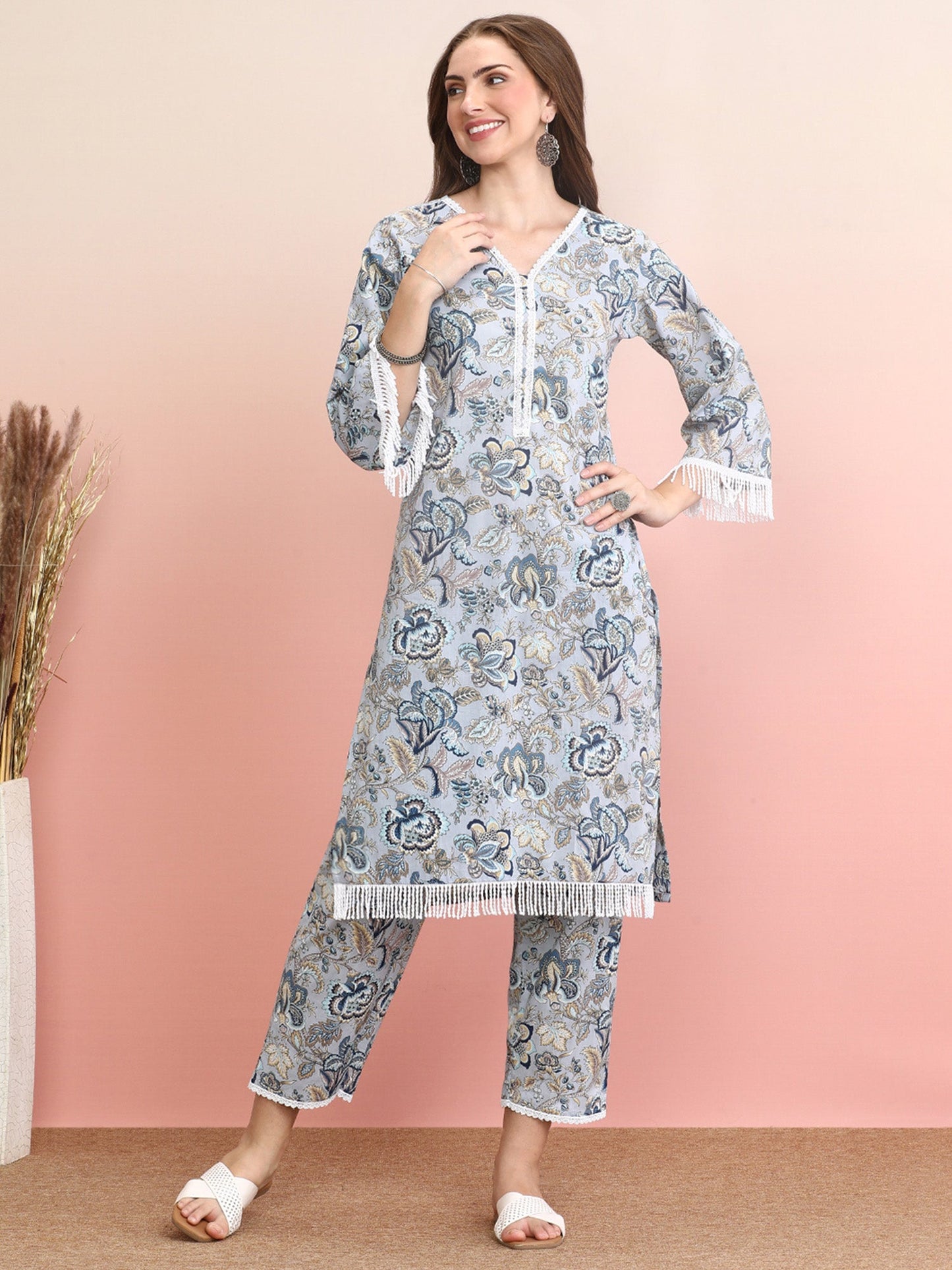 Indo Era Blue Printed Smart Casual Co-Ords Set