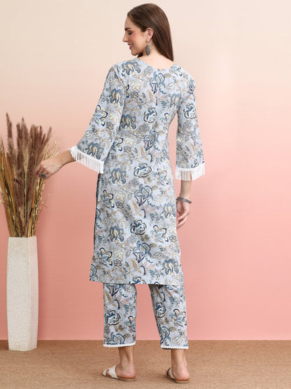 Indo Era Blue Printed Smart Casual Co-Ords Set