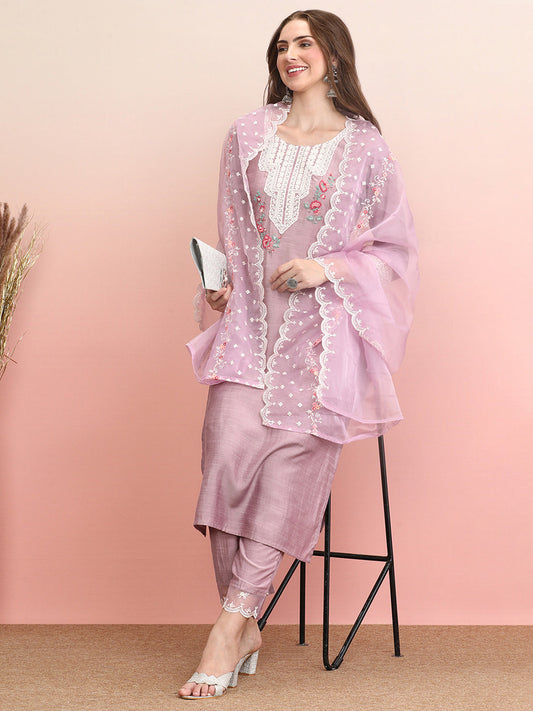 Indo Era Lavender Embroidered Straight Kurta Trousers With Dupatta Set