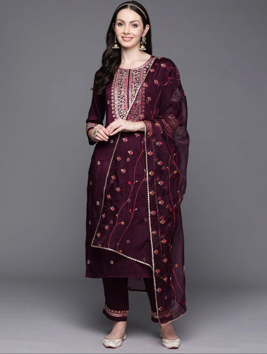Wine Embroidered Straight Kurta Trousers With Dupatta Set