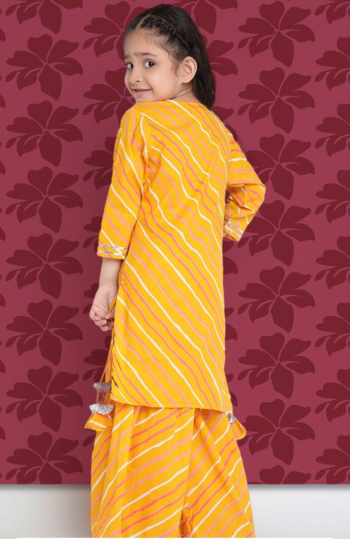 Girls Mustard Yellow Leheriya Printed Regular Gotta Patti Kurta With Sharara Indo-Silae