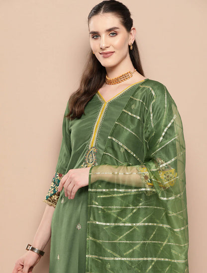 Green Embroidered Straight Kurta Trousers With Dupatta Set