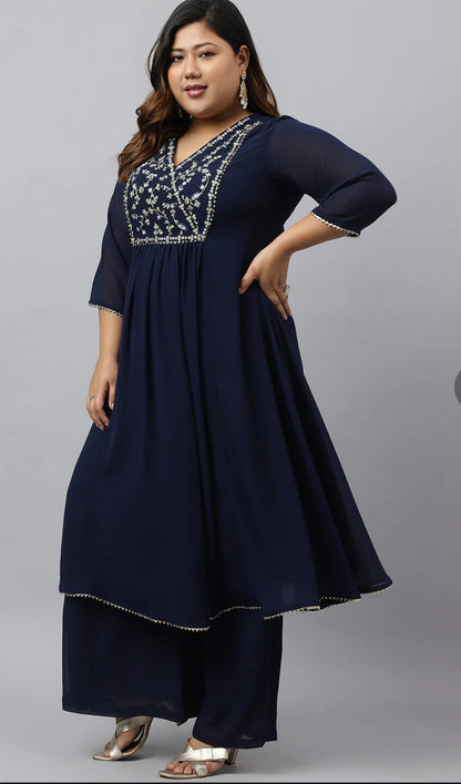 Navy Blue Georgette Yoke Embroidery Kurta with Palazzo and Dupatta