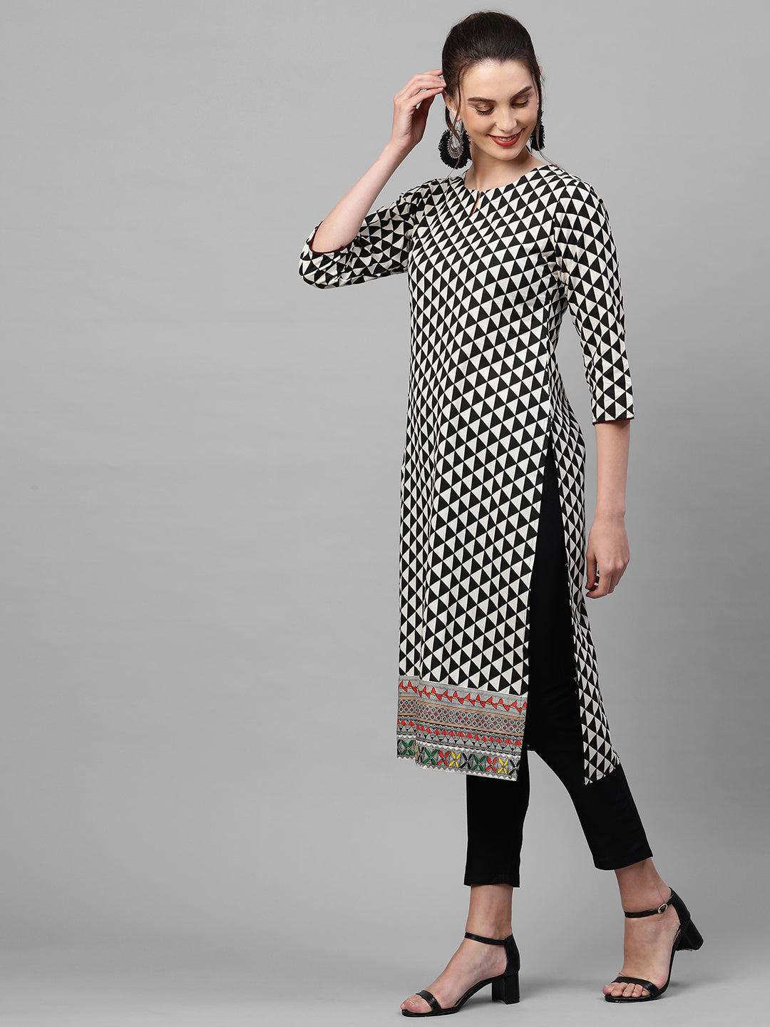 Indo Era Black Printed Straight Kurtas