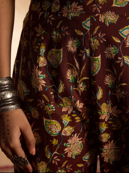 Brown Printed Straight Kurta Trousers set