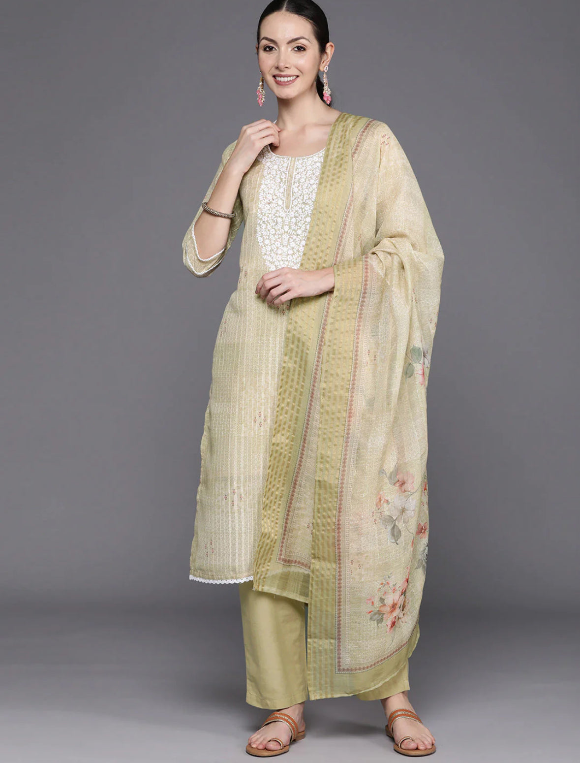 Cream Floral Embroidered Regular Thread Work Linen Kurta with Trousers & Dupatta