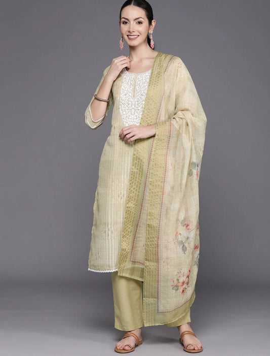 Cream Floral Embroidered Regular Thread Work Linen Kurta with Trousers & Dupatta Indo-Silae