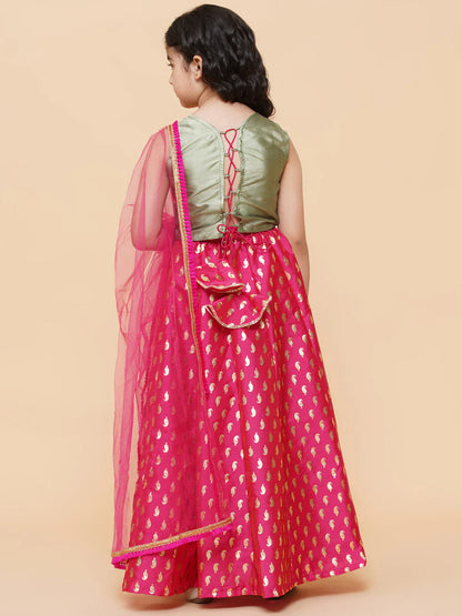 Girls Green & Pink Embroidered Foil Print Ready to Wear Lehenga Choli
