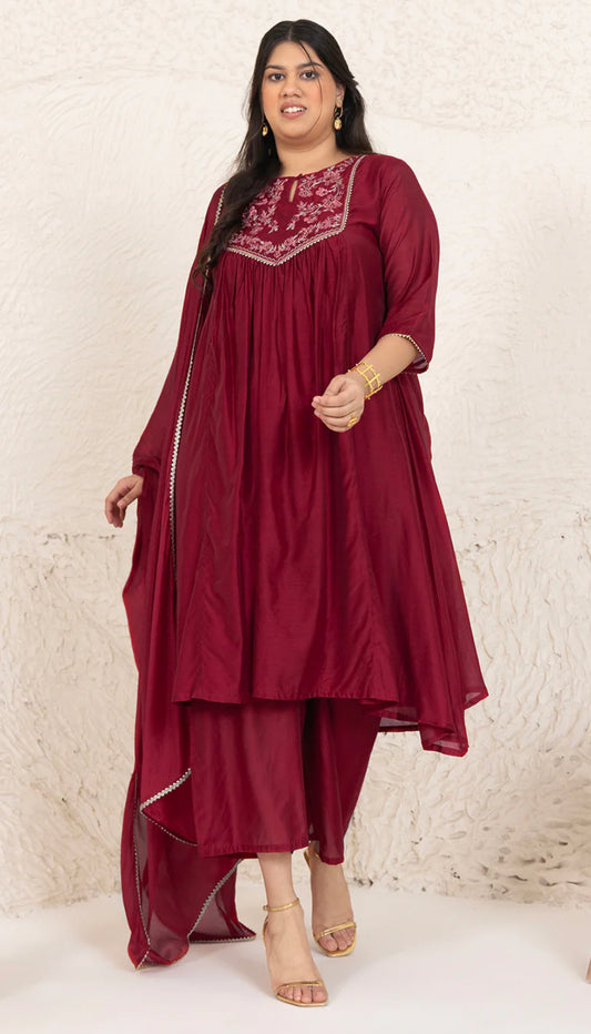 Red Chanderi Embellished Kurta with Palazzo and Dupatta