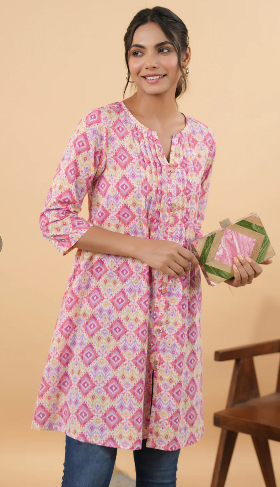 Pink Cotton Ikkat Pleated Tunic