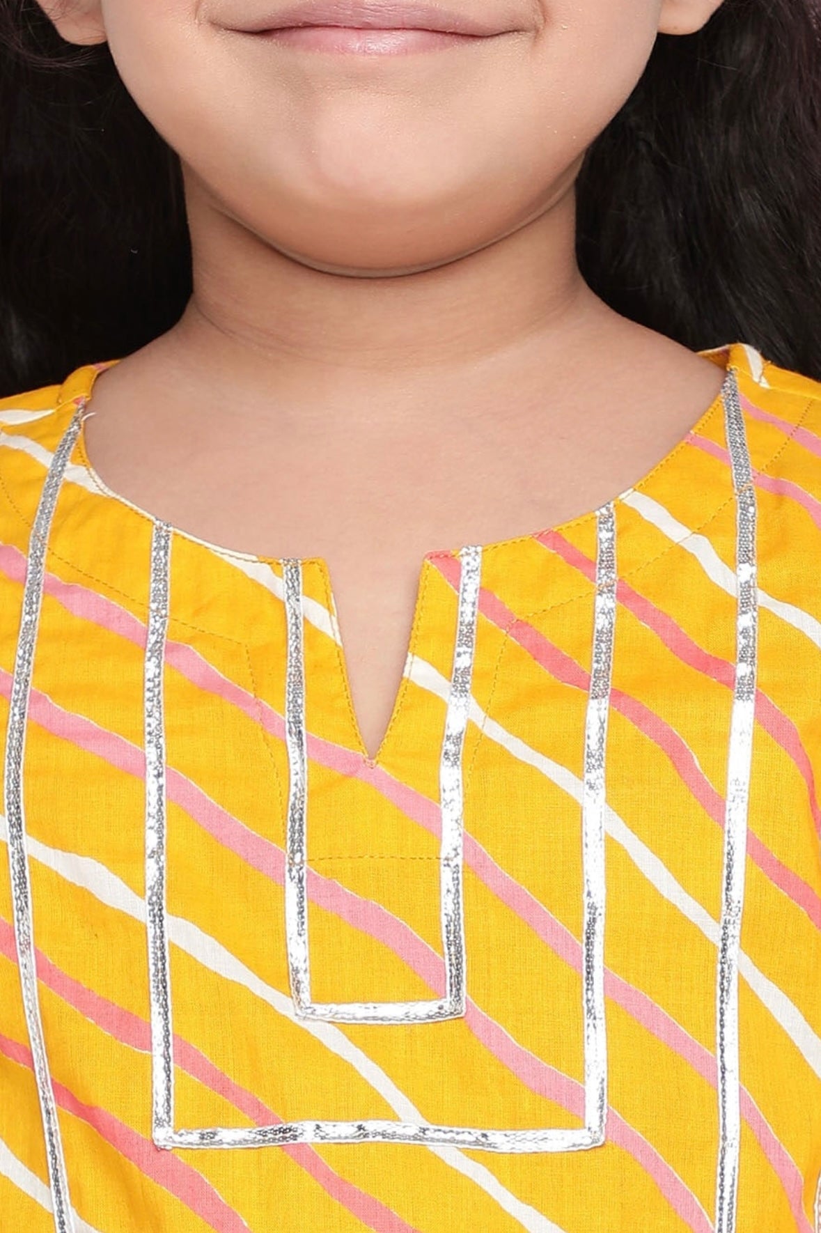 Girls Mustard Yellow Leheriya Printed Regular Gotta Patti Kurta With Sharara Indo-Silae