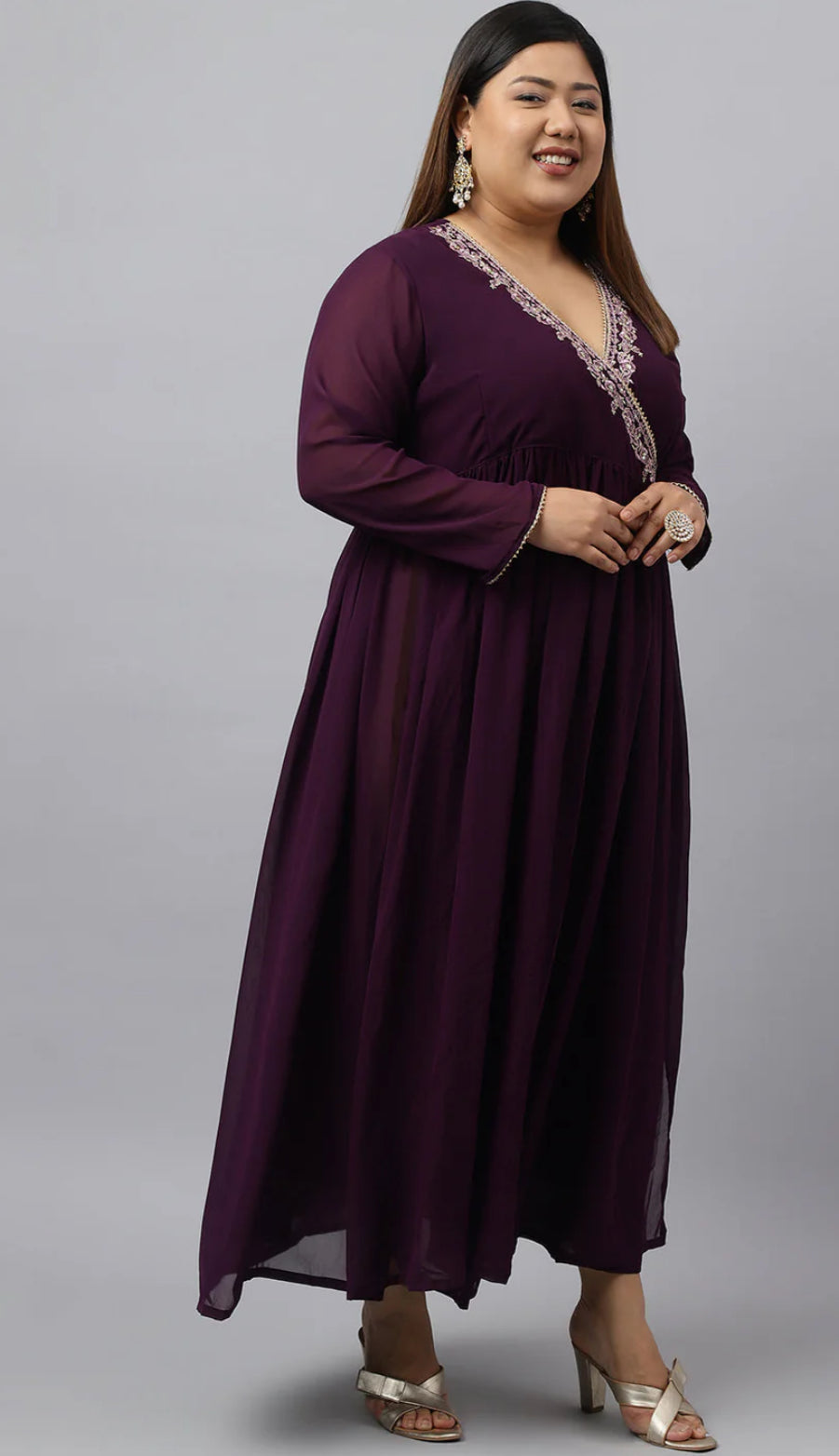Wine Georgette Embellished Kurta with Dupatta