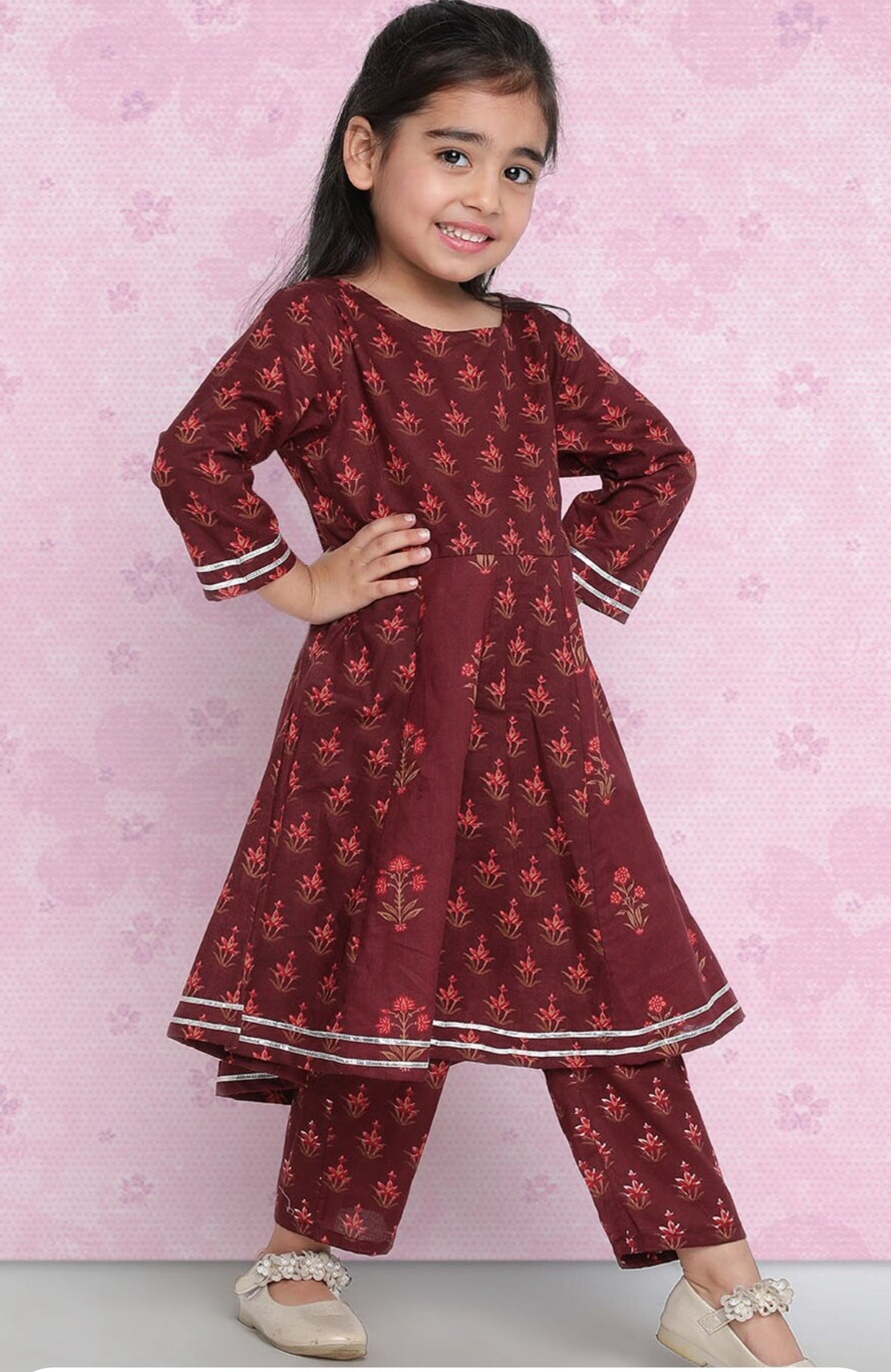 Girls Maroon Ethnic Motifs Printed Regular Kurta With Trousers Indo-Silae