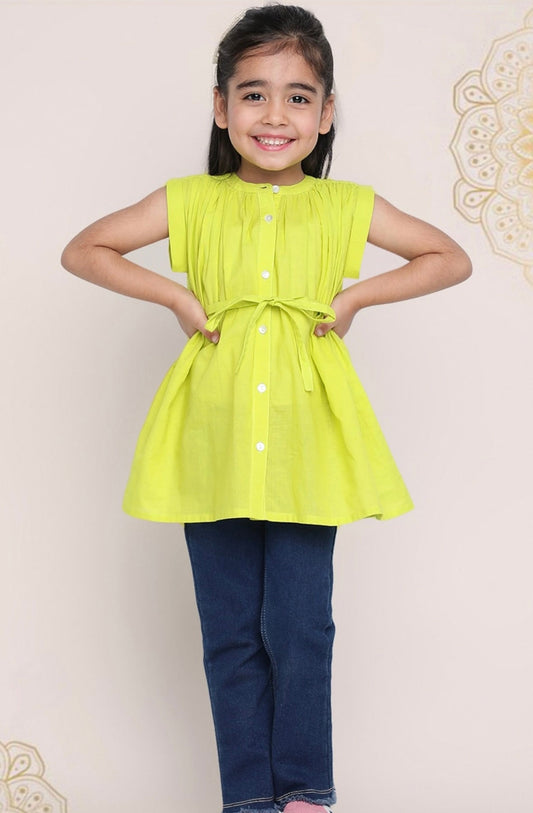 Girls Green Band Collar Extended Sleeves Cotton Top Indo-Silae