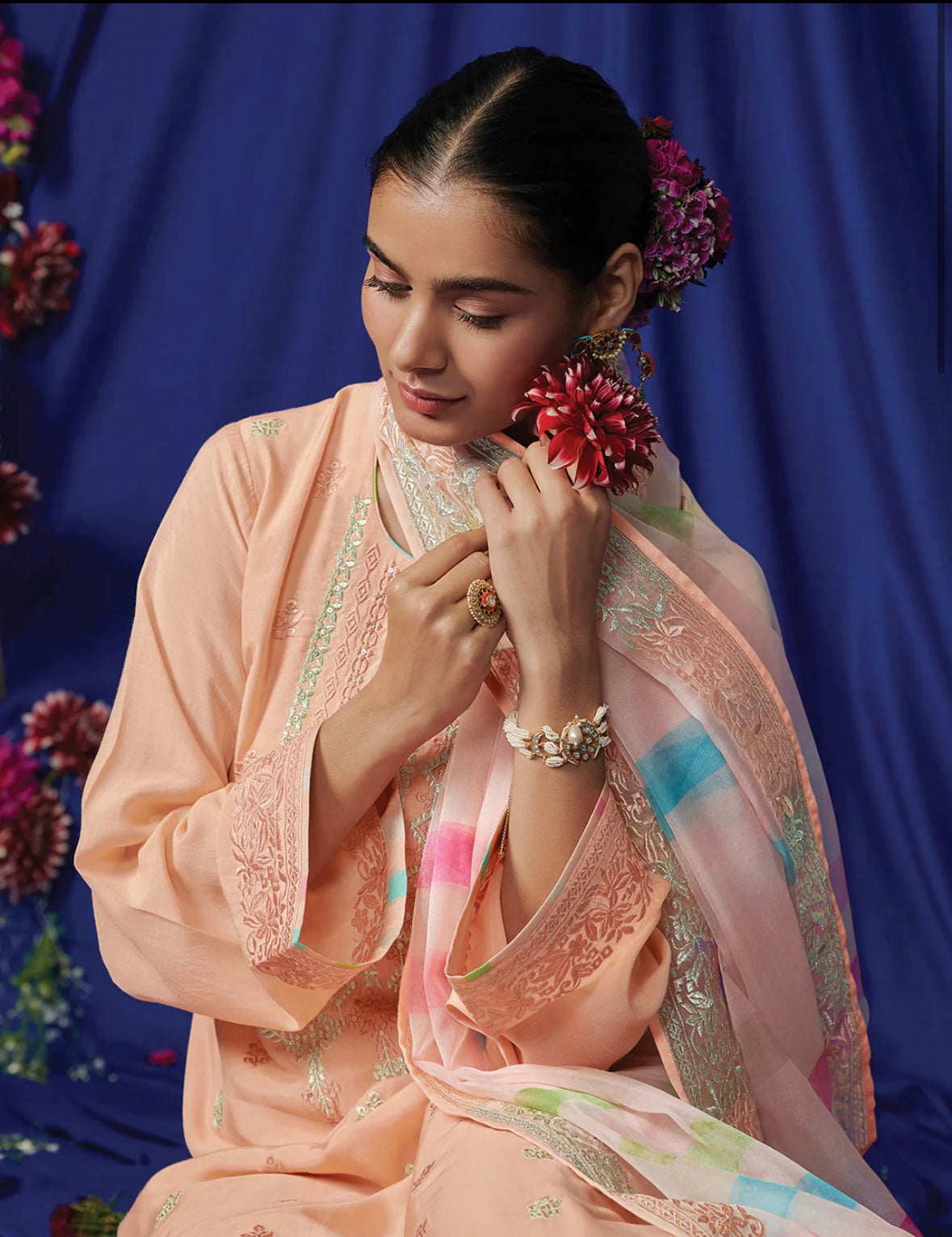 Peach Embroidered Straight Kurta Trousers With Dupatta Set