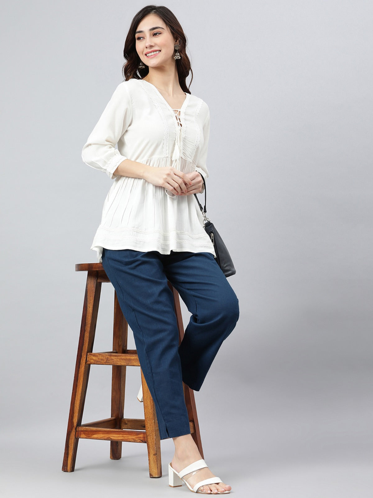 Women's White Rayon Solid Flared Top