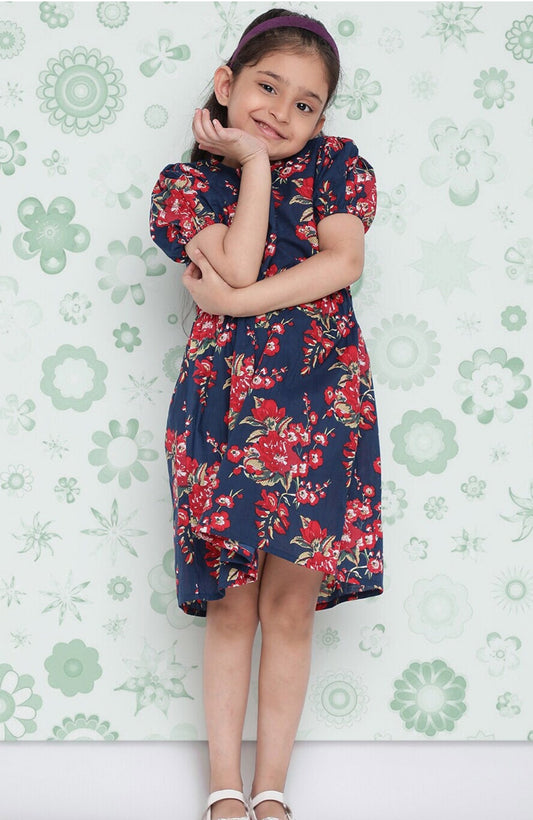 Girls Navy Blue Floral Printed Cotton A-Line Dress Indo-Silae