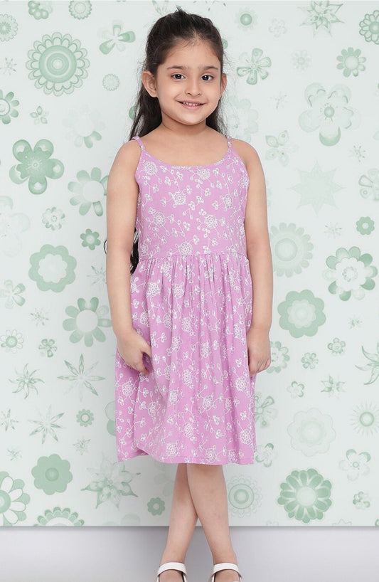 Girls Lavender Floral Printed Cotton Fit & Flare Dress Indo-Silae