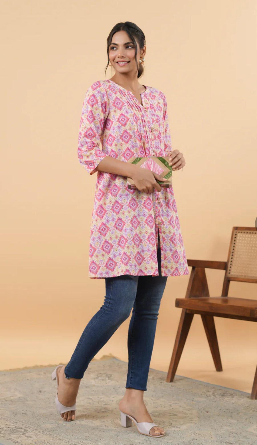 Pink Cotton Ikkat Pleated Tunic