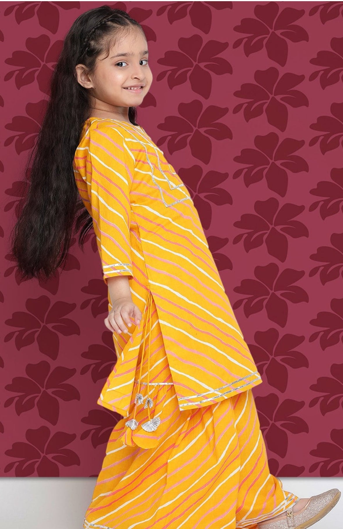 Girls Mustard Yellow Leheriya Printed Regular Gotta Patti Kurta With Sharara Indo-Silae