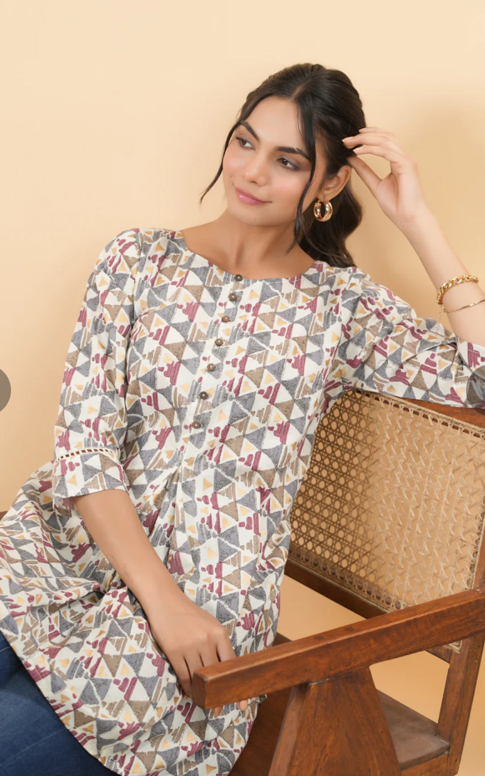Off White Cotton Geometric Regular Tunic