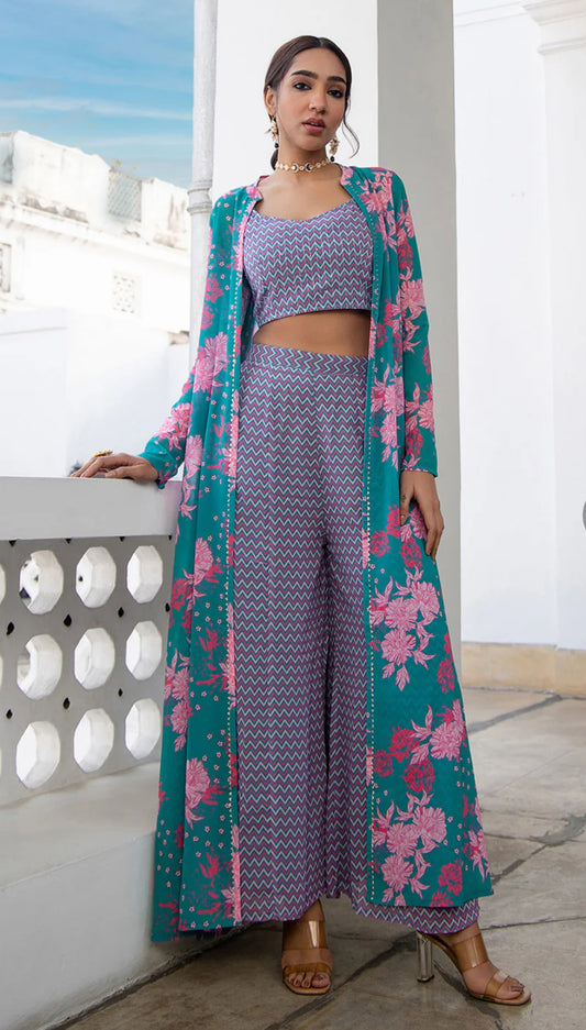 Multicolour Georgette Chevron 3 Piece Jacket Set