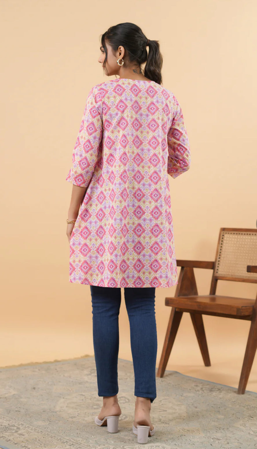 Pink Cotton Ikkat Pleated Tunic