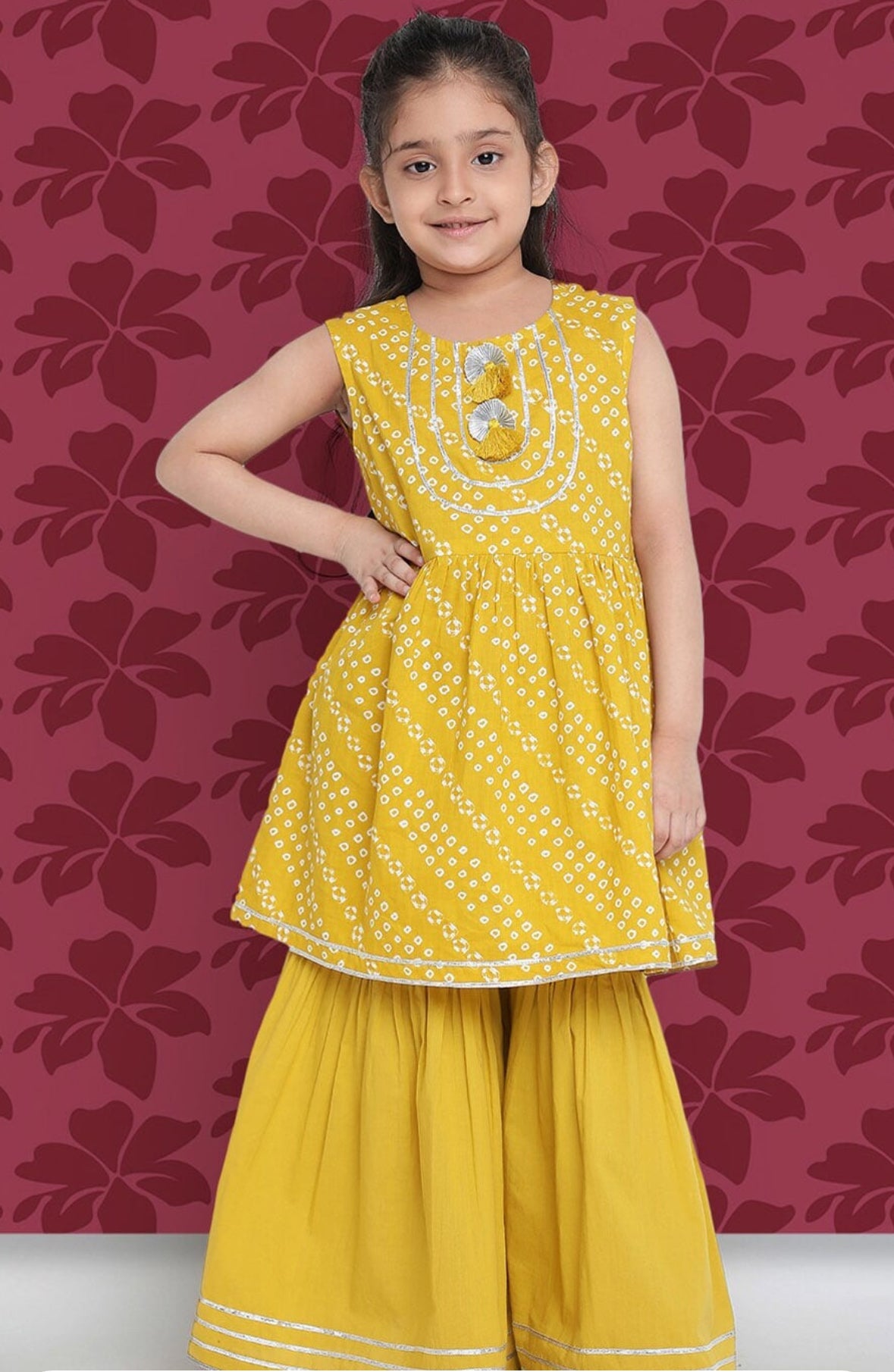 Girls Yellow Bandhani Printed A-Line Kurta with Sharara Indo-Silae
