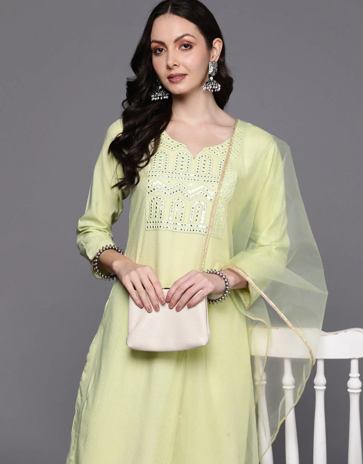 Sea Green Embroidered Regular Mirror Work Kurta with Trousers & With Dupatta