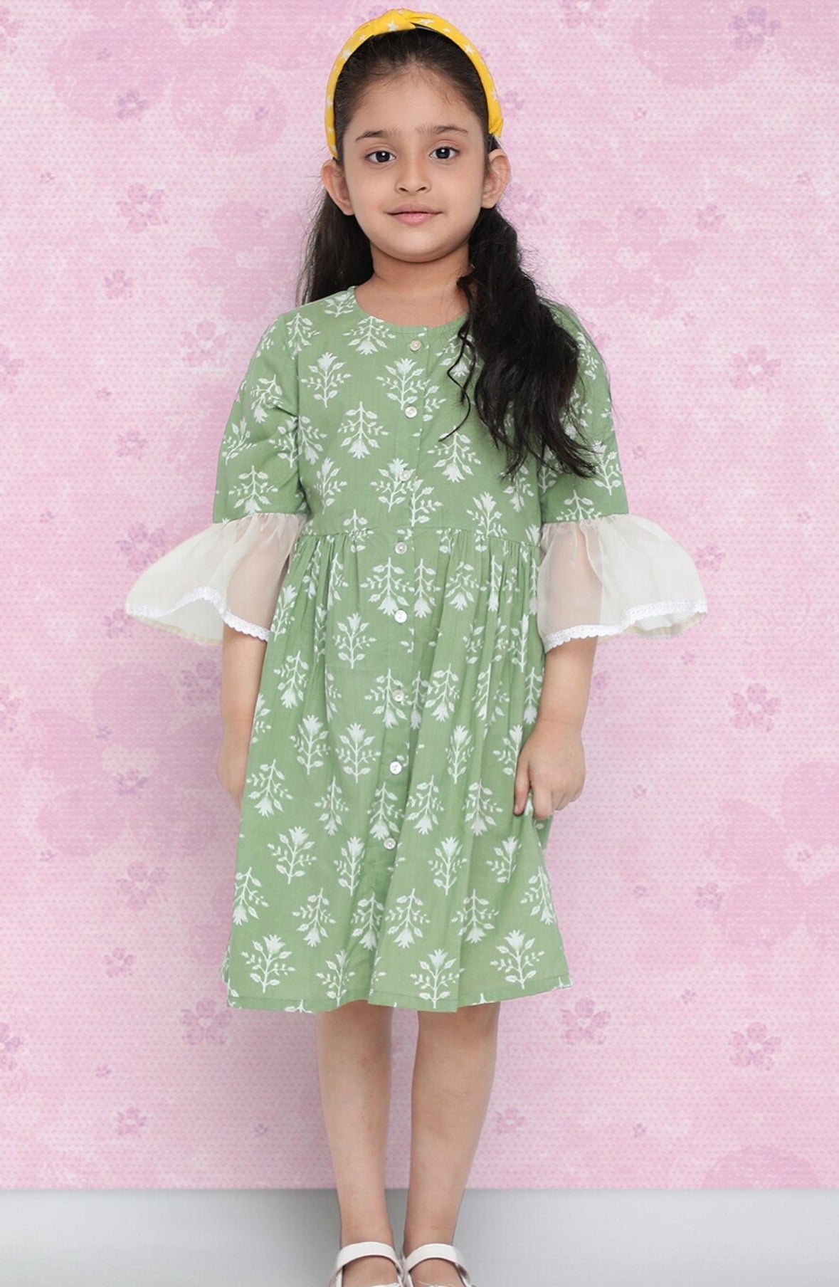 Girls Green Floral Printed Bell Sleeve Cotton A-Line Dress Indo-Silae