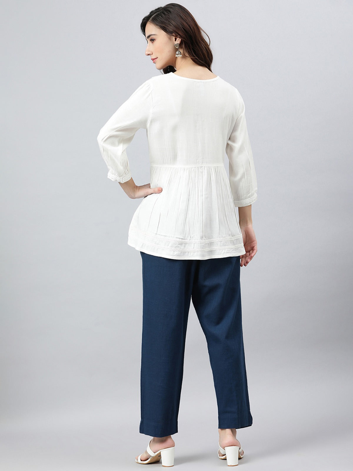 Women's White Rayon Solid Flared Top