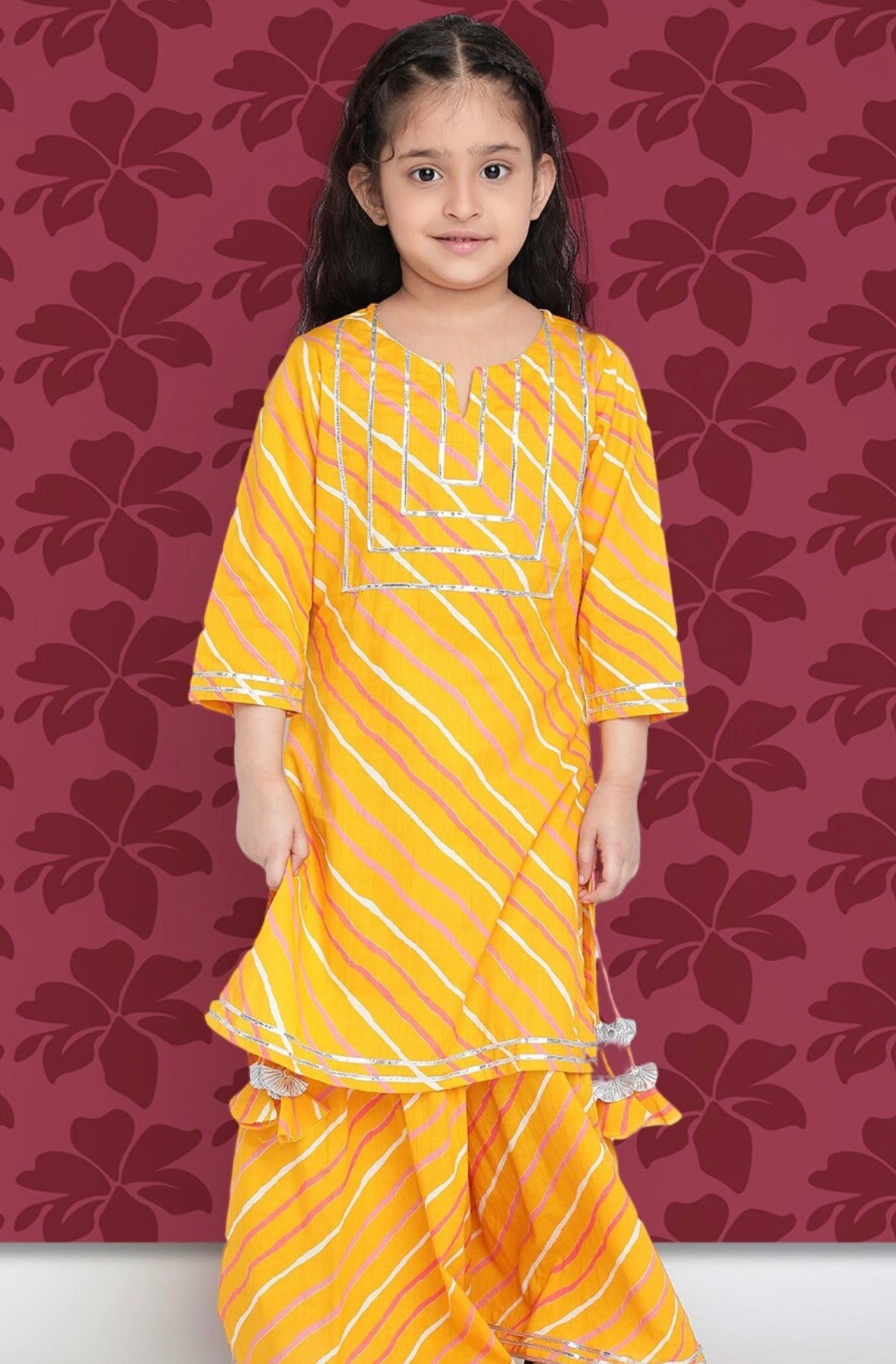 Girls Mustard Yellow Leheriya Printed Regular Gotta Patti Kurta With Sharara Indo-Silae