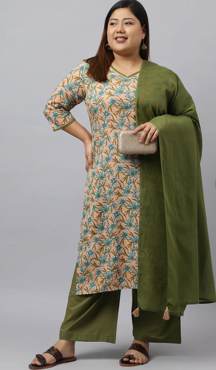 Women's Plus Size Peach Cotton Kurta With Palazzo and Dupatta