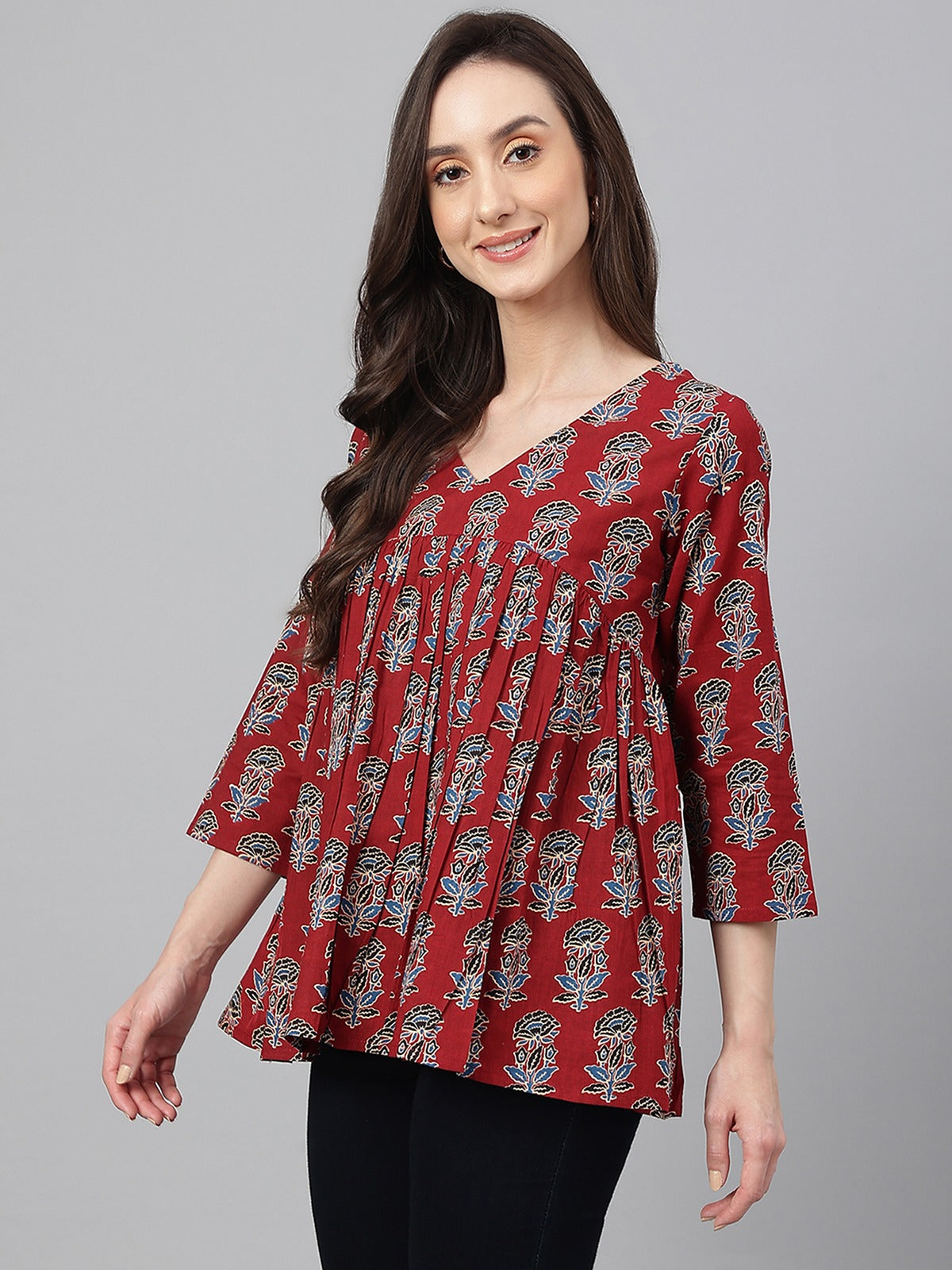 Women's Maroon Cotton Floral Block Print Flared Top