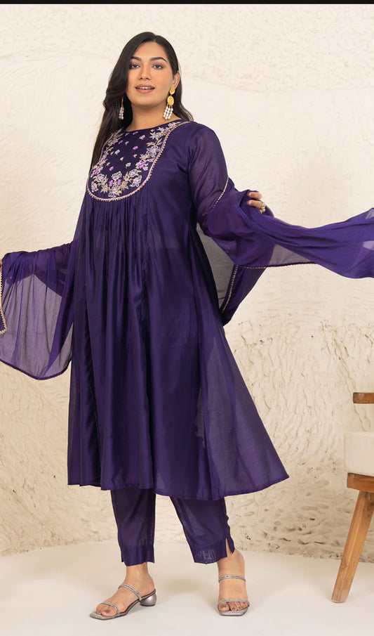 Purple Chanderi Yoke Embroidery A-Line Kurta Set