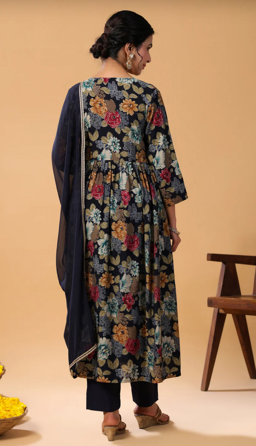 Navy Blue Chanderi Blend Angrakha Kurta Set