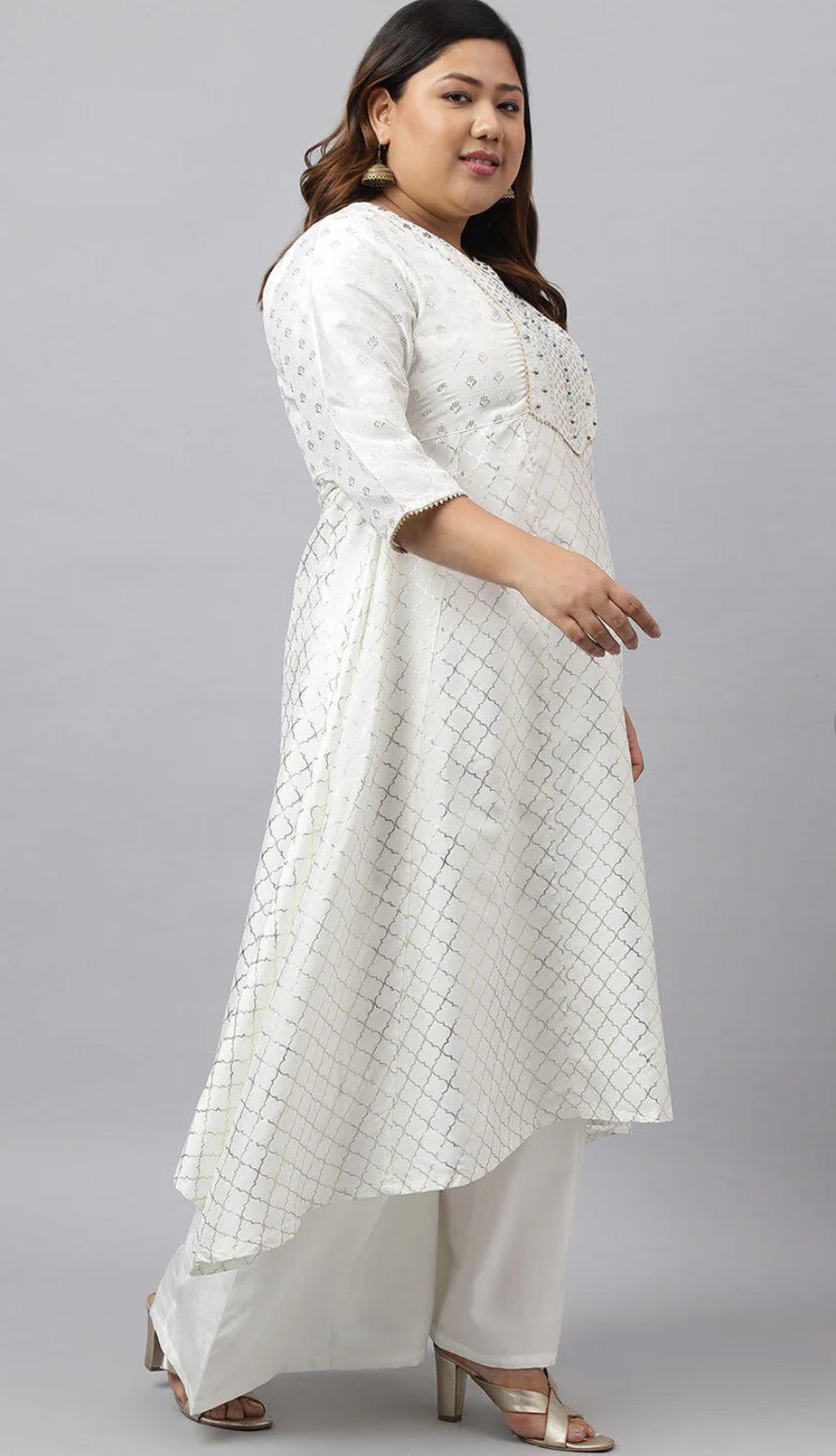 Women's Plus Size Off- White Poly Silk Kurta With Palazzo and Dupatta
