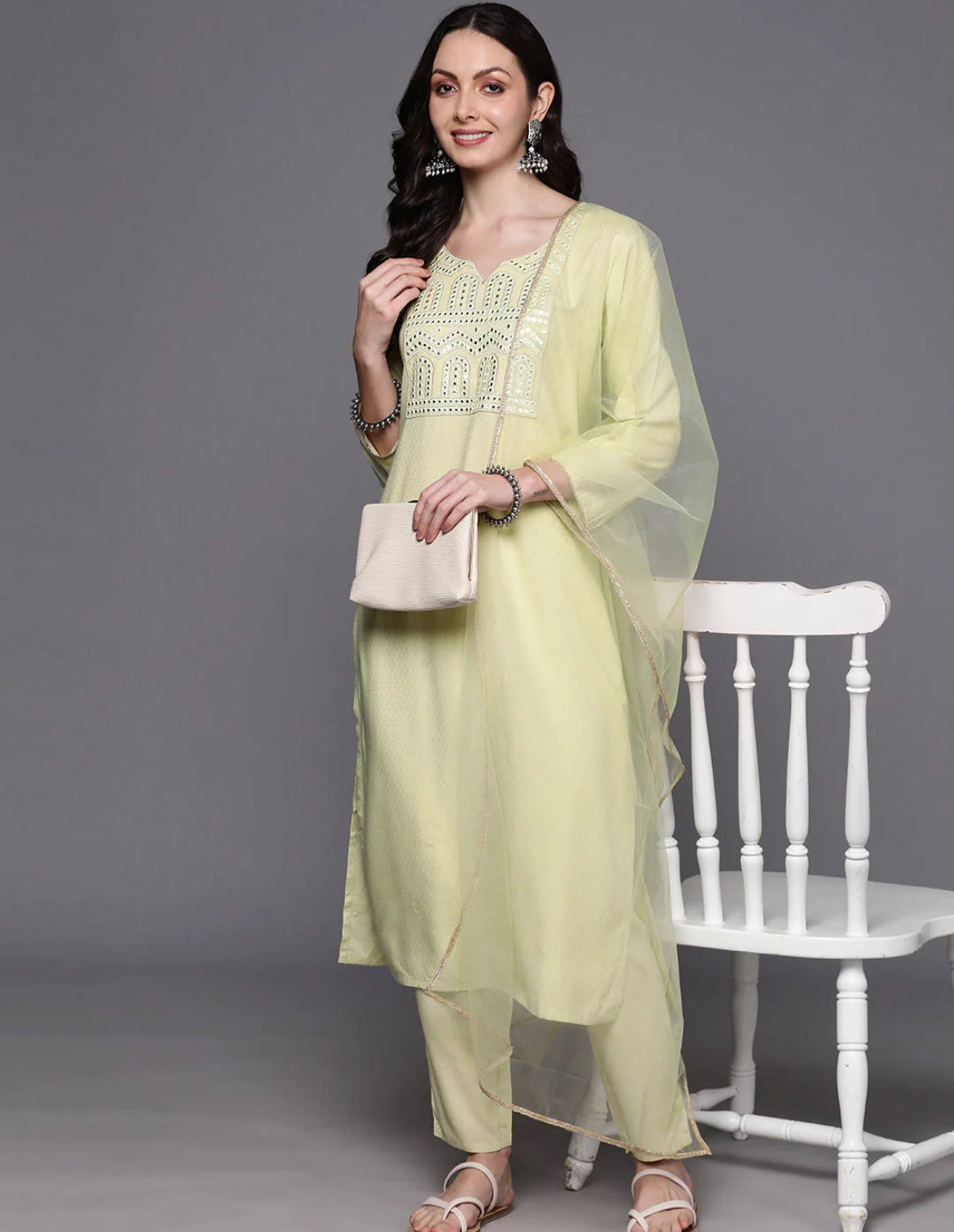 Sea Green Embroidered Regular Mirror Work Kurta with Trousers & With Dupatta