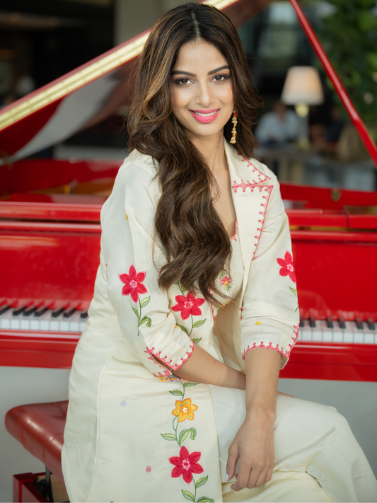Cream Embroidered A-Line Kurta Palazzos Set
