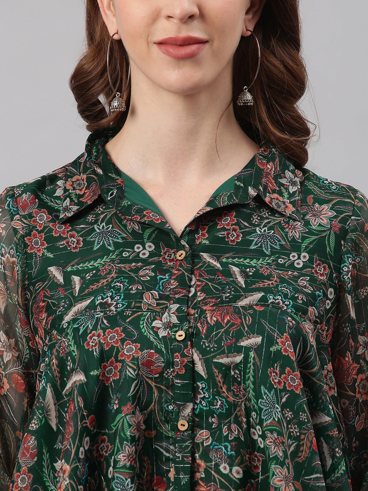 Women's Green Poly Georgette Floral Print Regular Top