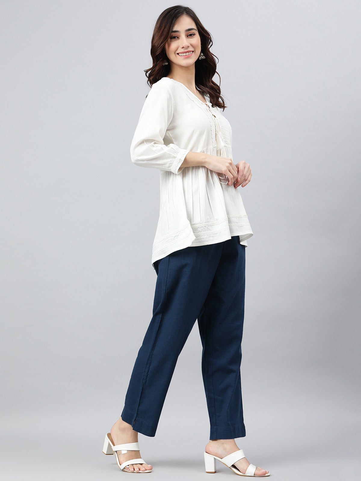 Women's White Rayon Solid Flared Top