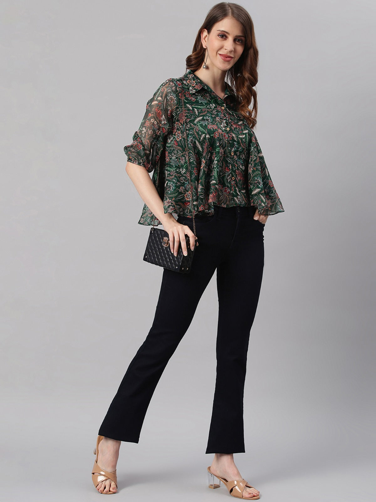 Women's Green Poly Georgette Floral Print Regular Top