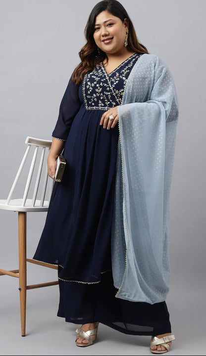 Navy Blue Georgette Yoke Embroidery Kurta with Palazzo and Dupatta