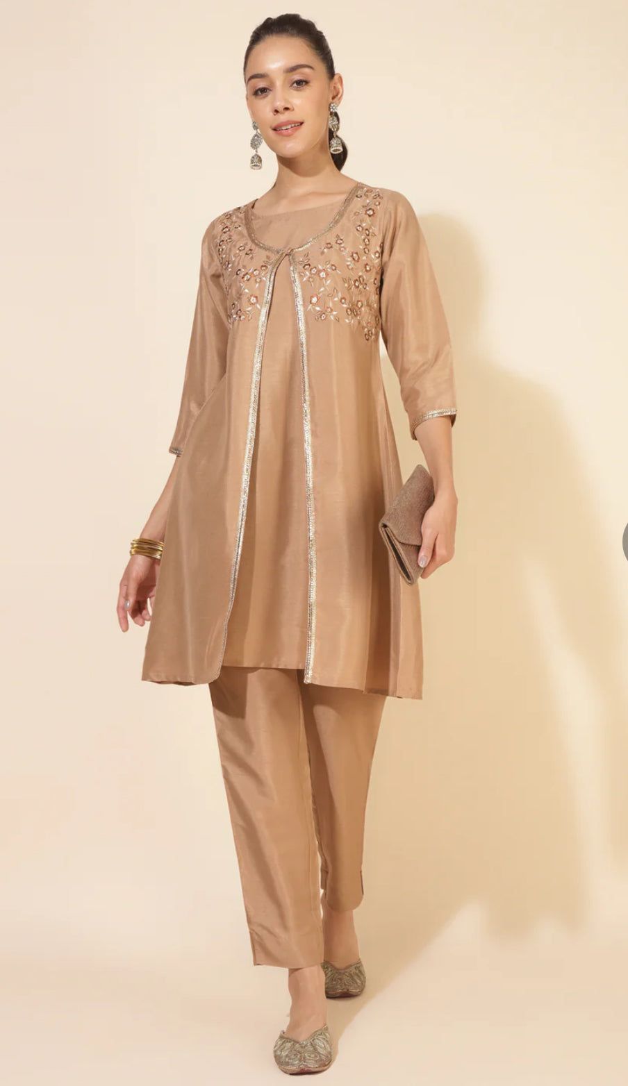 Beige Crepe Embrodiery Jacket Style Kurta with Pant and Jacket