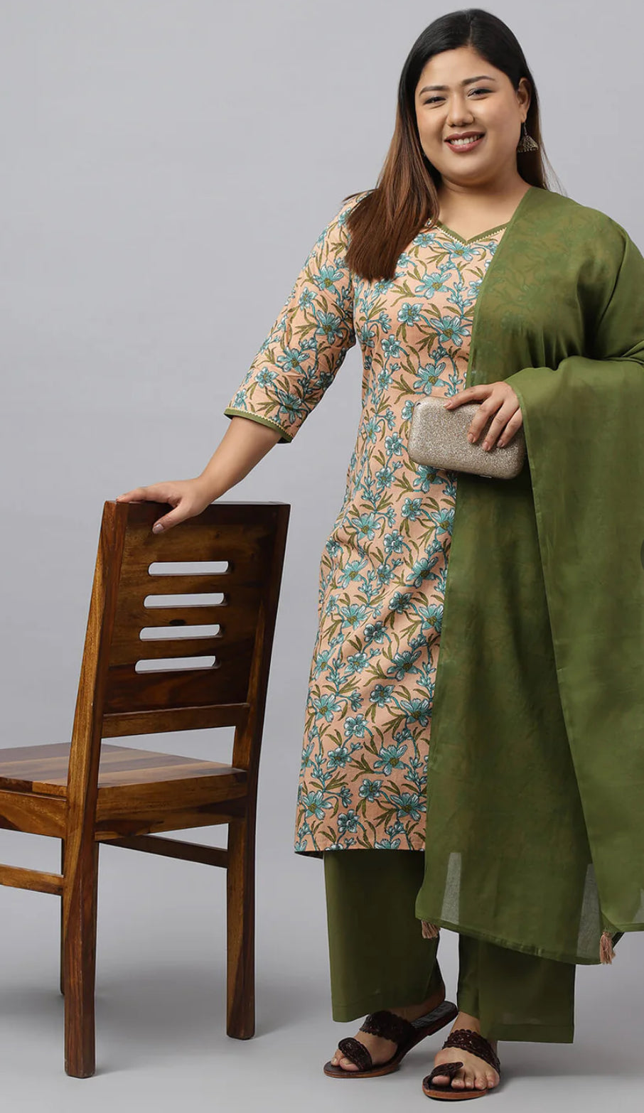 Women's Plus Size Peach Cotton Kurta With Palazzo and Dupatta